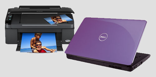 Notebook Dell colorido em oferta com impressora multifuncional